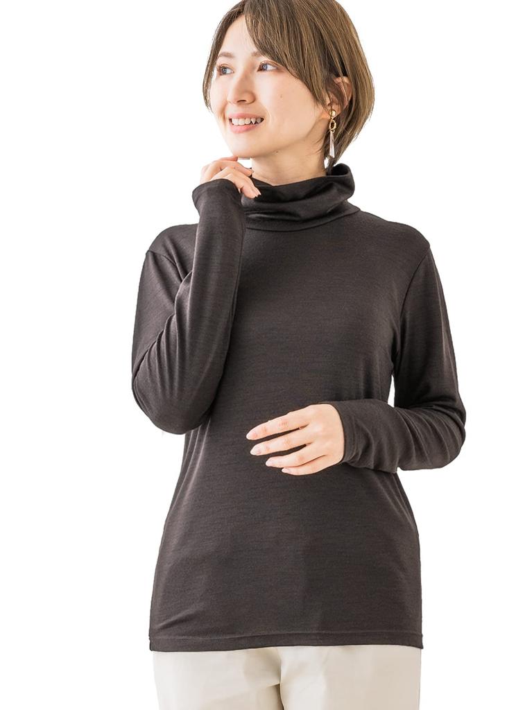749 Merino wool high neck turtleneck Japanese made cut and sew long sleeve inner base layer underwear mountain climbing plain [SPAN] T-shirt women's