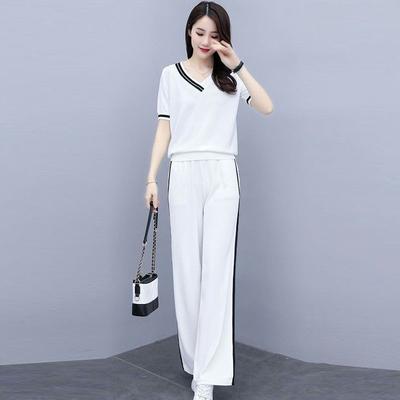 Traje Deportivo de Verano para Mujer, Moderno, Delgado, de Manga Corta, Pantalones de Pierna Ancha, Conjunto Casual de Dos Piezas