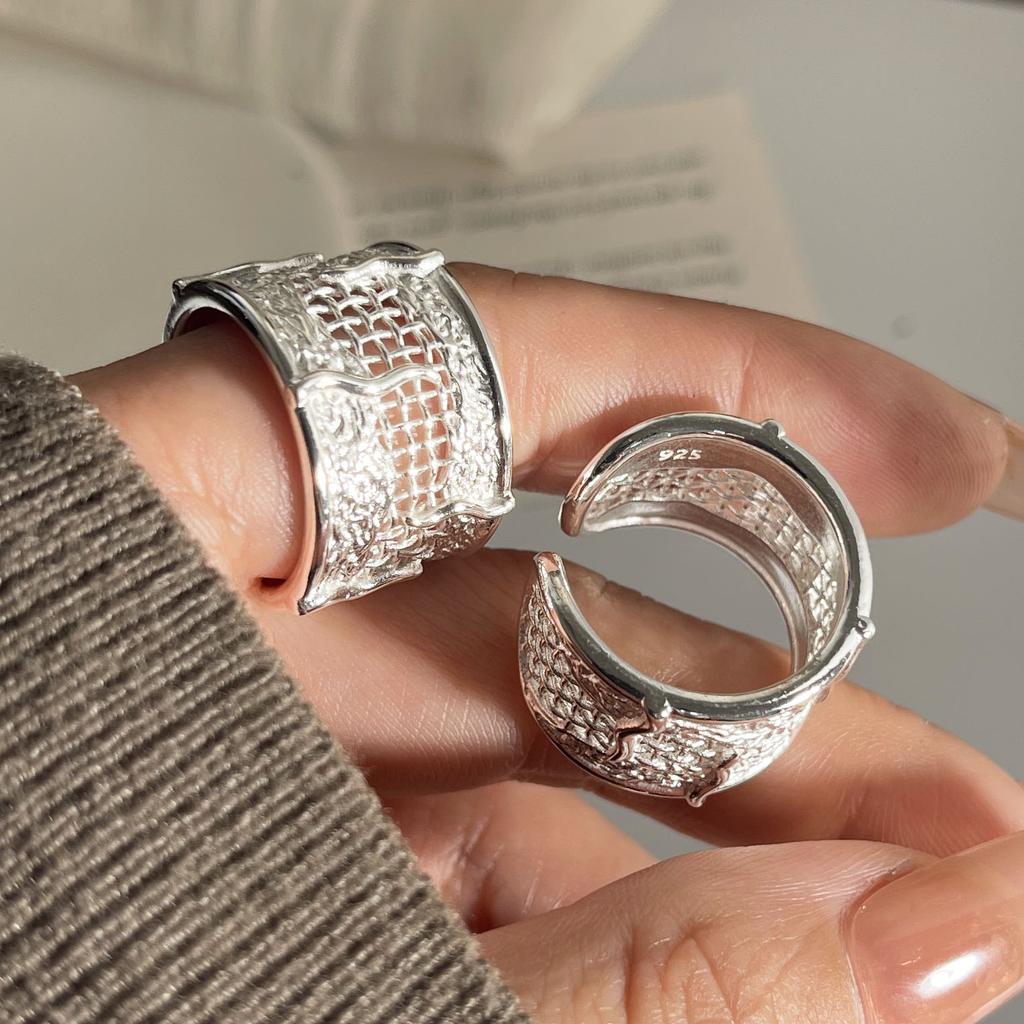 925 Sterling Silver Rings for Women Couple Minimalist Handmade Simple Hollow Wide Ring Fine Jewelry Gift Prevent Allergy