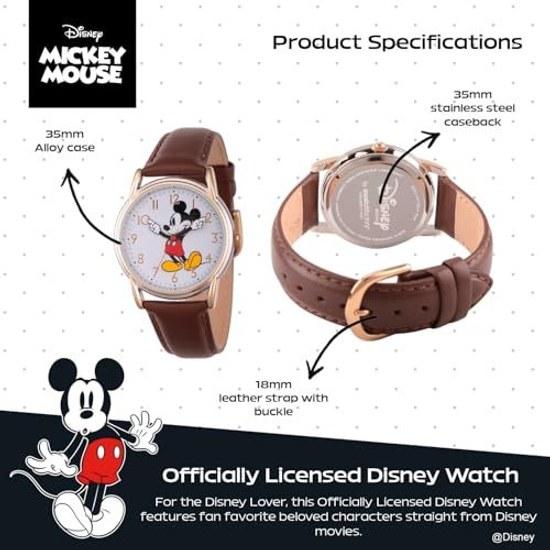 DISNEY Womens Mickey Mouse Analog-Quartz Watch Leather-Synthetic Strap Brown 18 (Model W002756)