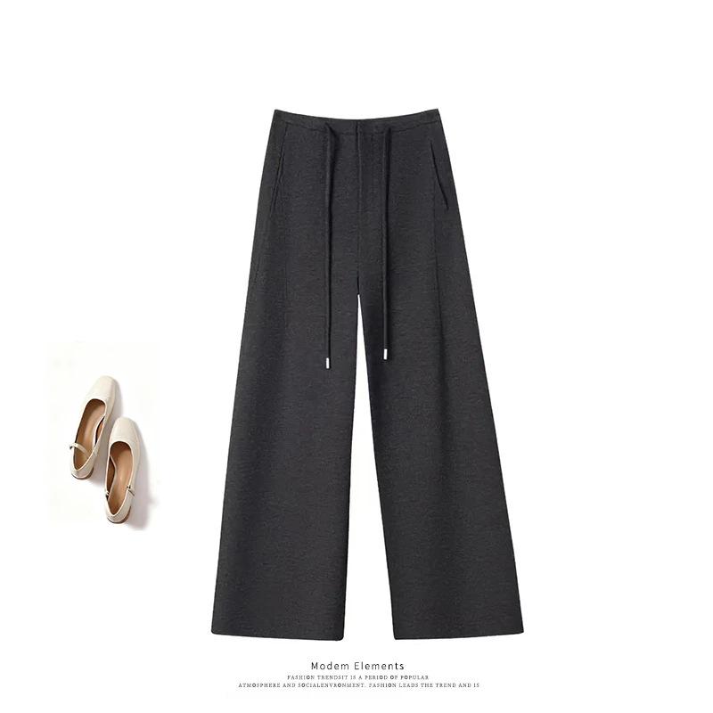 

Women s Petite High-Waist Woolen Acetate Wide-Leg Pants, Autumn/Winter Drape, Elastic Waist, Nine-Point Length. 30