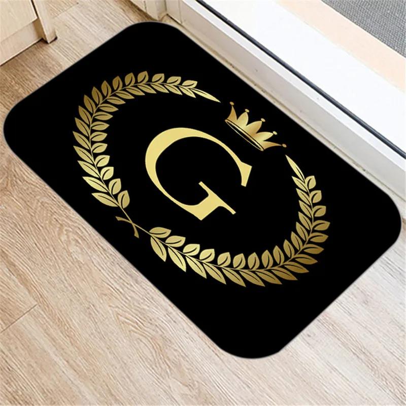 Kitchen Bathroom Non-slip Floor Mat Style Indoor Rug Black Gold Crown Letter Decoration Entrance Door