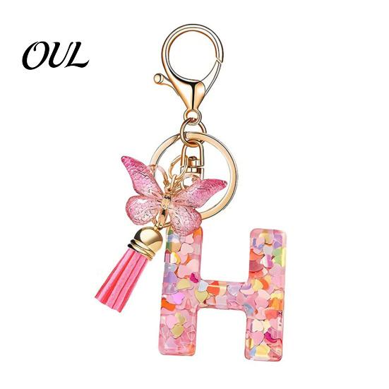 Kompaktes Schlüsselanhänger-Anhänger in Rosa-Serie, Pailletten Herz Initialen-Buchstaben-Anhänger Schlüsselkette mit tragbarem Schmetterlings-Quasten-Design, A-Z Halter für Tasche