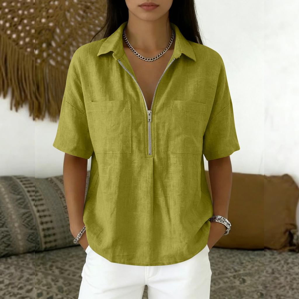 Women's Fashion Color Loose Collar Short Sleeve Casual Shirt V-neck Zipper Top