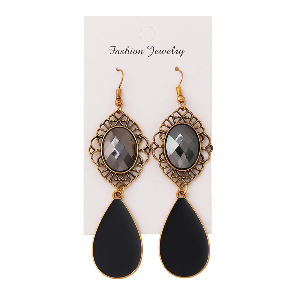 Prom Gemstone Stud Earrings Jewelry European and American Fashion Creative Retro Water Drop Black Long Earrings Earrings