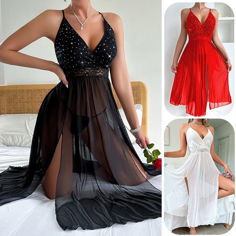 Heißes Netz-Camisole-Nachthemd mit tiefem V-Ausschnitt und hohem Schlitz, einfarbig, sexy, langes Loungewear 713 Glitzerndes, gewagtes Nachtwäsche, verziert mit glänzenden Strasssteinen