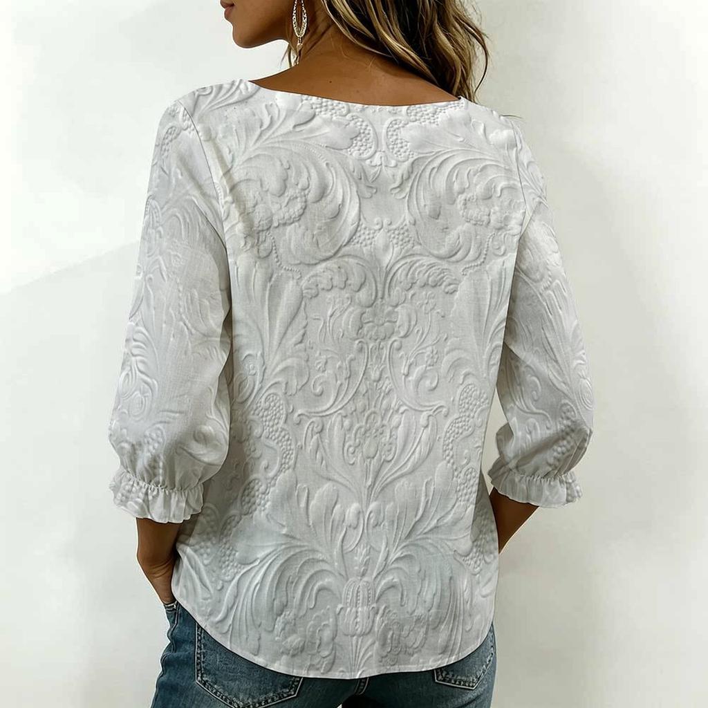Women Square Neck Blouse Teal Leopard Floral Patchwork Print Ruffle Three Quarter Sleeve Shirt