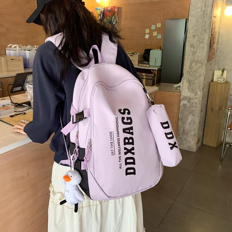 Men Lightweight Backpack Letter Print Student Schoolbag Women Large Capacity Campus Backpack with Pen Bag
