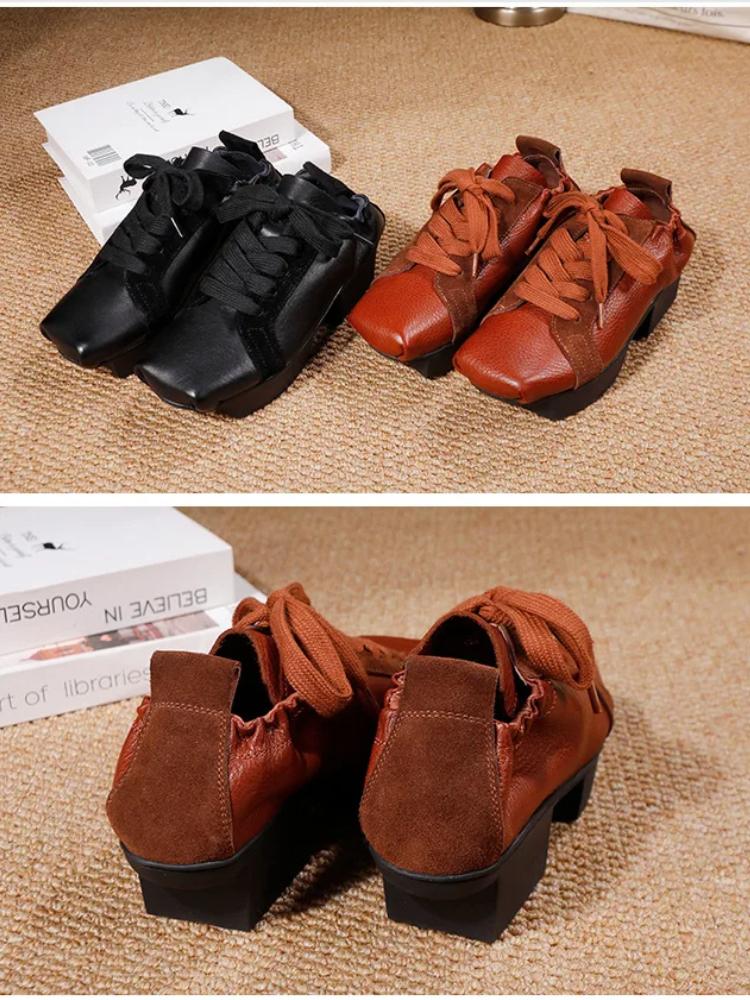 Johnature Women's Shoes Genuine Leather Square Toe Soft Cowhide Lace-up Versatile Mid Heel Pumps