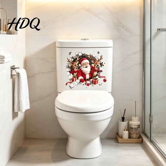 Santa Claus Bathroom Decor 3D Break Through Wall Reindeer Toilet Sticker, Self-Adhesive Christmas Realistic Stickers Decal, Waterproof Lid for