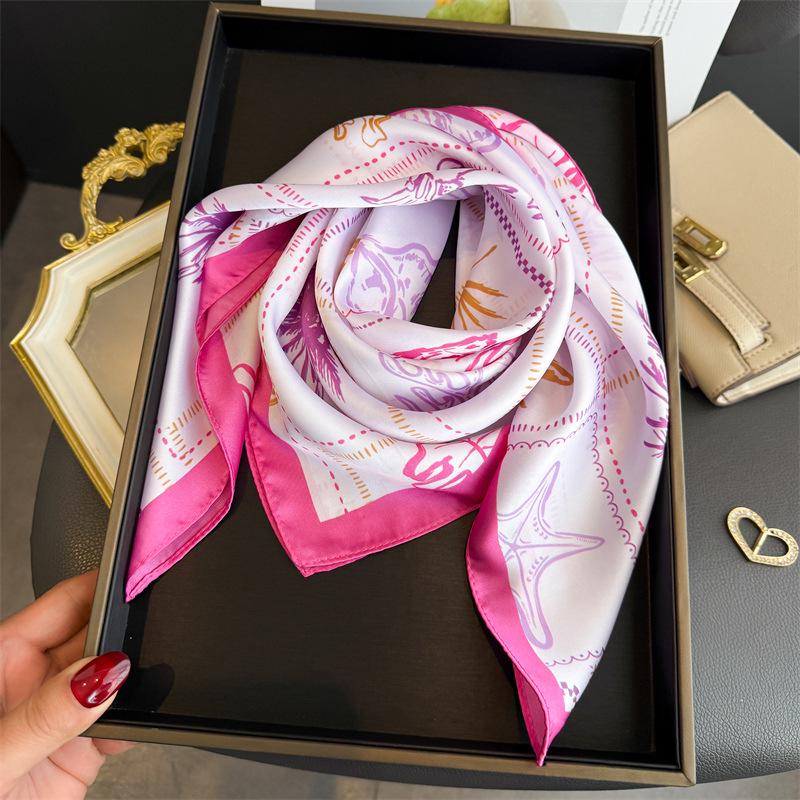 Beach Style Printed Silk Square Scarf - High-End Feel Shawl, Sun Protection Neck Tie, Headscarf, Small Square Scarf