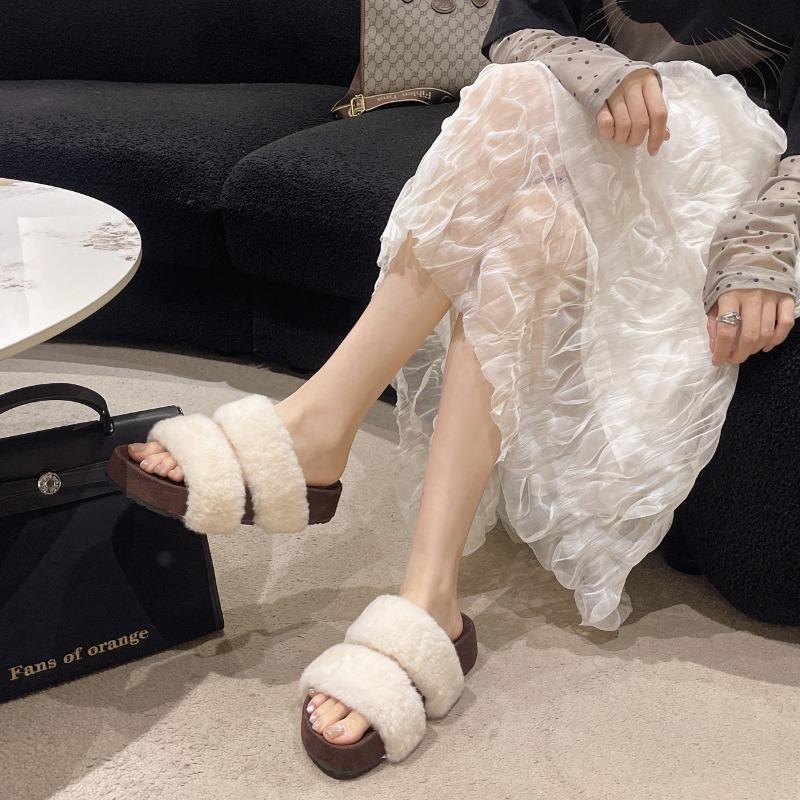 Fashion 2025 New Women Fur Slippers Open Toe Shoes Summer Flats Platform Sandals Trend Comfort Home Shoes Casual Flip Flops Slides