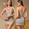 Pailletten Mini-Kleid Glitzernd Breiter Träger Quadratischer Ausschnitt Rückenfrei Bodycon Kurz Gewand Sexy Seitenschlitz Glitzer Ärmellos Geburtstagsparty Cocktail Club Kleid