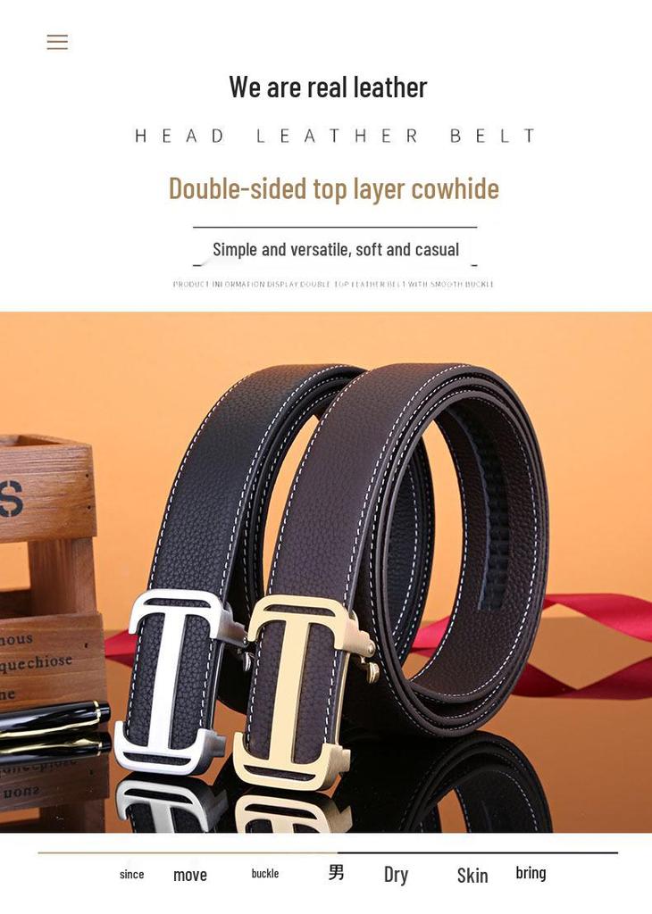 Men's Automatic Buckle Stainless Steel Belt, Genuine Leather Cowhide, Youth Versatile Casual Design