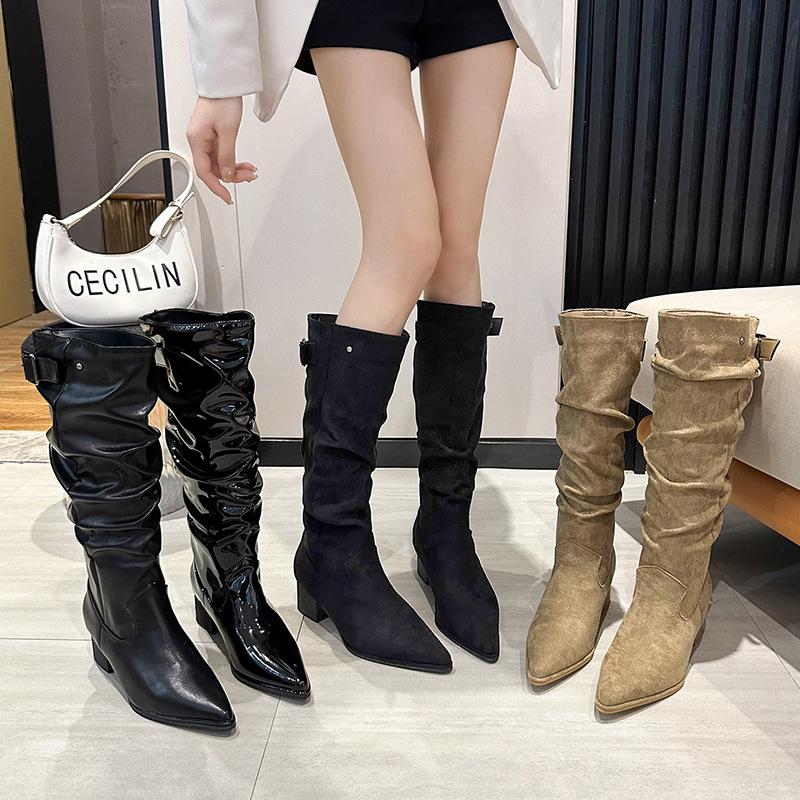 Beliebter Stil großer Schaftumfang Rindsleder Westernstiefel neu vielseitig spitz zulaufend Spleißung Gürtelschnalle dicker Absatz hohe Stiefel Damen