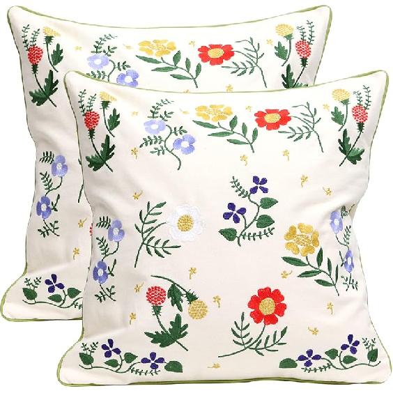 Set of 2 Embroidered Decorative Throw Pillow Covers Couch Square Pillowcases Cushion for Bedroom Sofa Farmhouse Decor 18x18 Inch (Blue Floral)