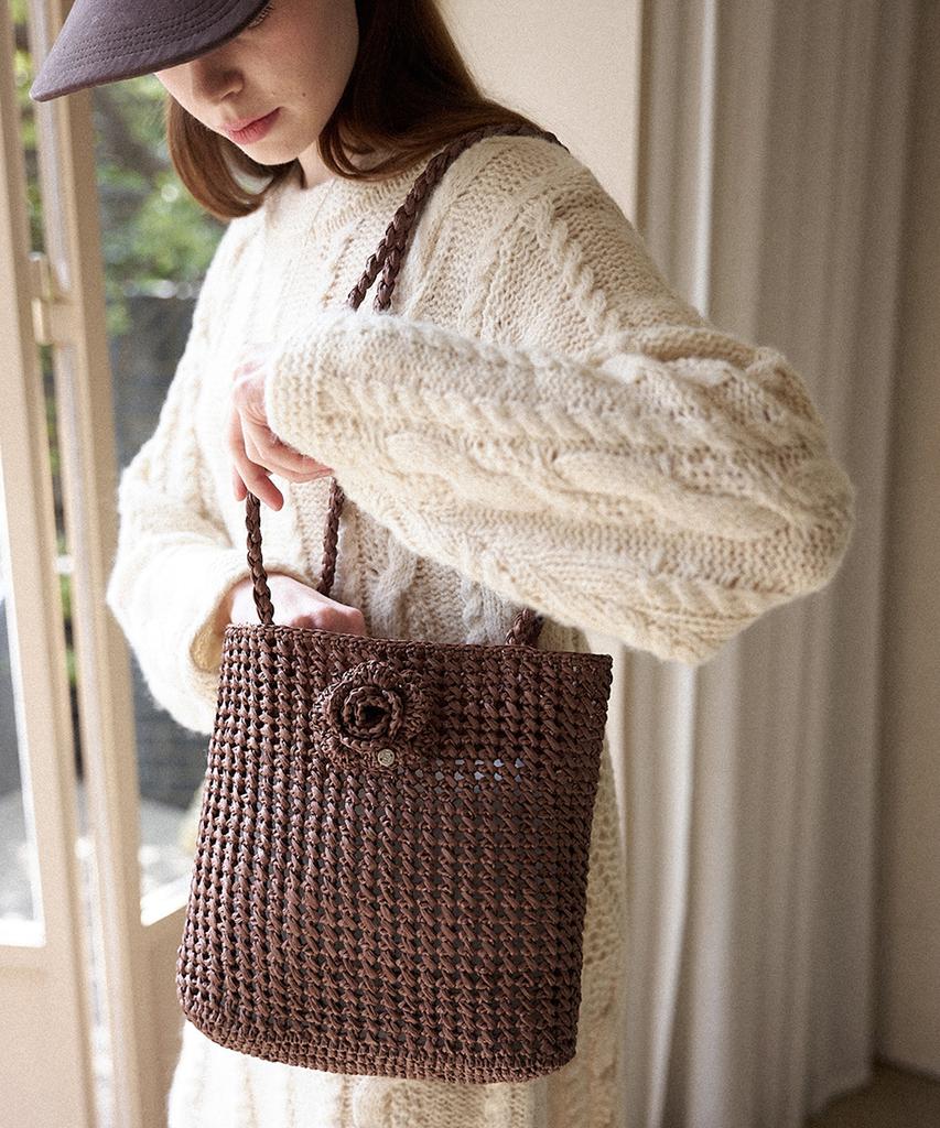 Slowslowly Camellia Handmade Crochet Raffia Shoulder Bag _ Brown
