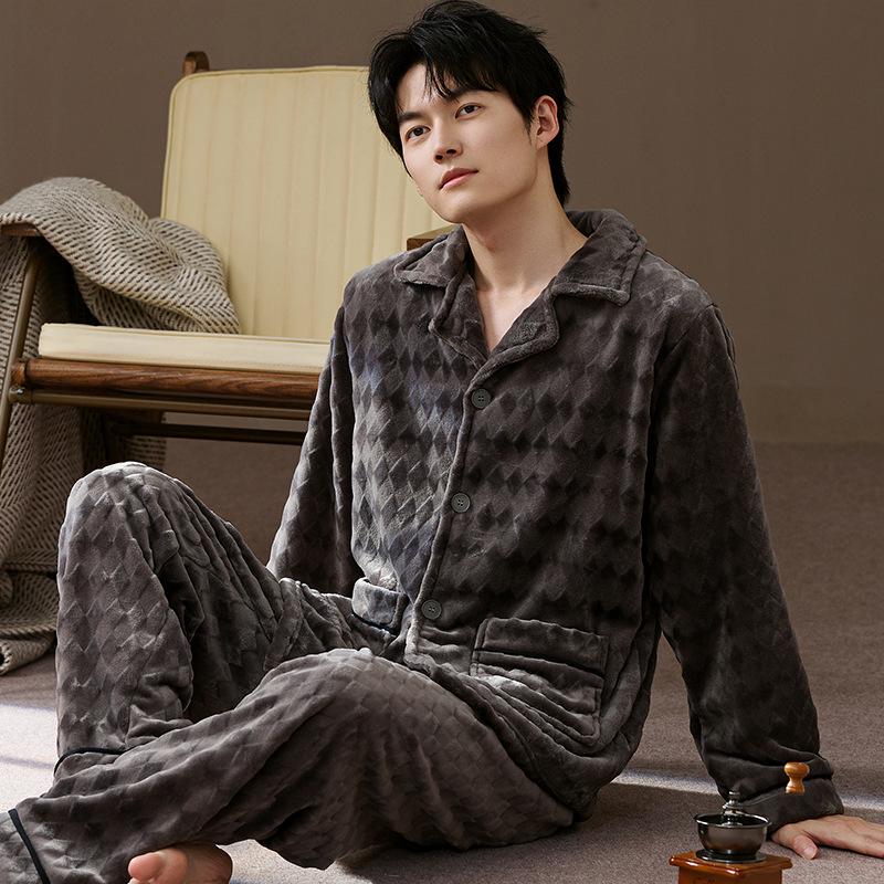 

Men s Plus Size Thick Flannel Pajama Set - Autumn/Winter 2025 Long Sleeve & Pants for Middle-aged Dads XL