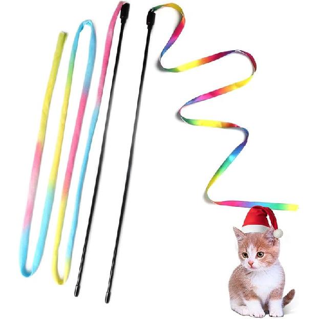 Cat Wand Toys Interactive Kitten Toys for Indoor Cats Colorful Teaser Wand String for Exercise Kitten Stick Kitty Rope Toy Rainbow Ribbon Cat Charmer