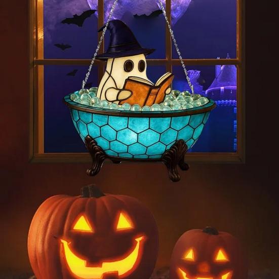 Halloween Reading Ghost Hanging Sign Wooden Bathing Cartoon Ghost Round Sign Indoor Outdoor Porch Door Hanger Wall Hanging Decoration