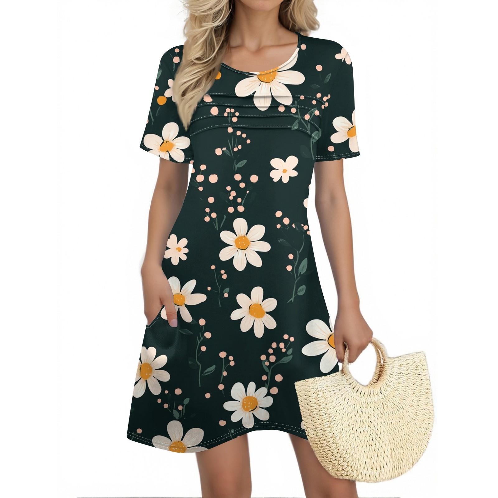 Women s Summer Dresses Women s Summer Floral Print Dresses Short Sleeve Round Tie Pocket Casual Dresses L