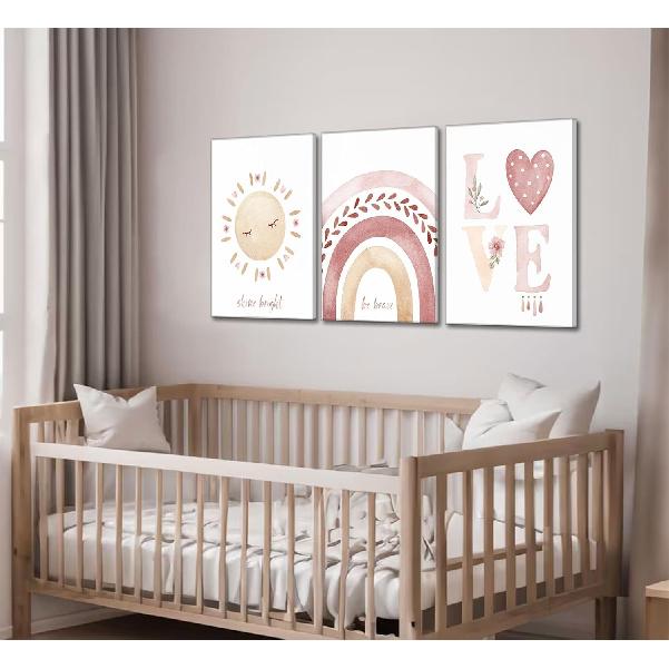 3 Pcs Nursery Canvas Wall Art Pink Sun Rainbow Hearts Posters Prints Boho Kids Room Pictures Wall Decor for Toddlers Children Baby Girl Bedroom Home