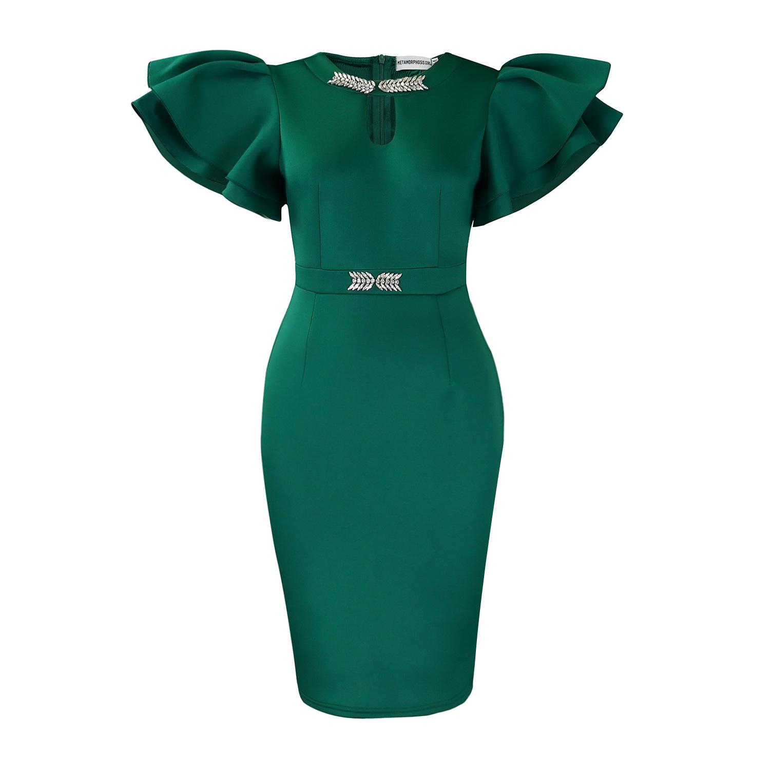 

Summer round neck lotus leaf sleeve nail drill hip dress party banquet hollow dress dress S зелёный