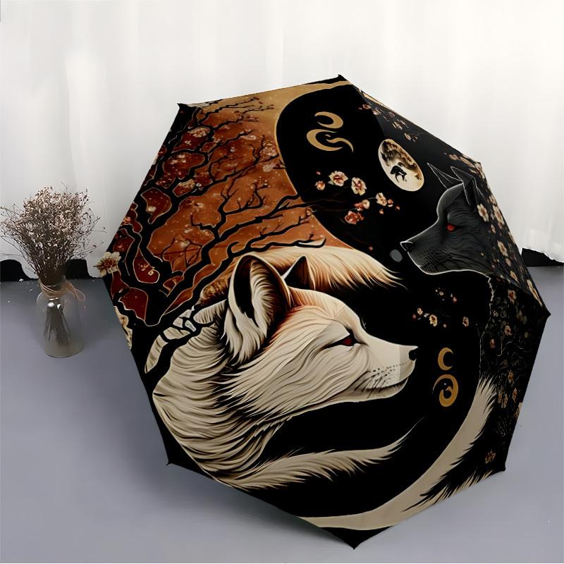 1pc Wolf Moon Compact Travel Umbrella, Automatic Folding Lightweight Windproof 8-Bone Reinforced Design, Portable for Backpack Durable Canop