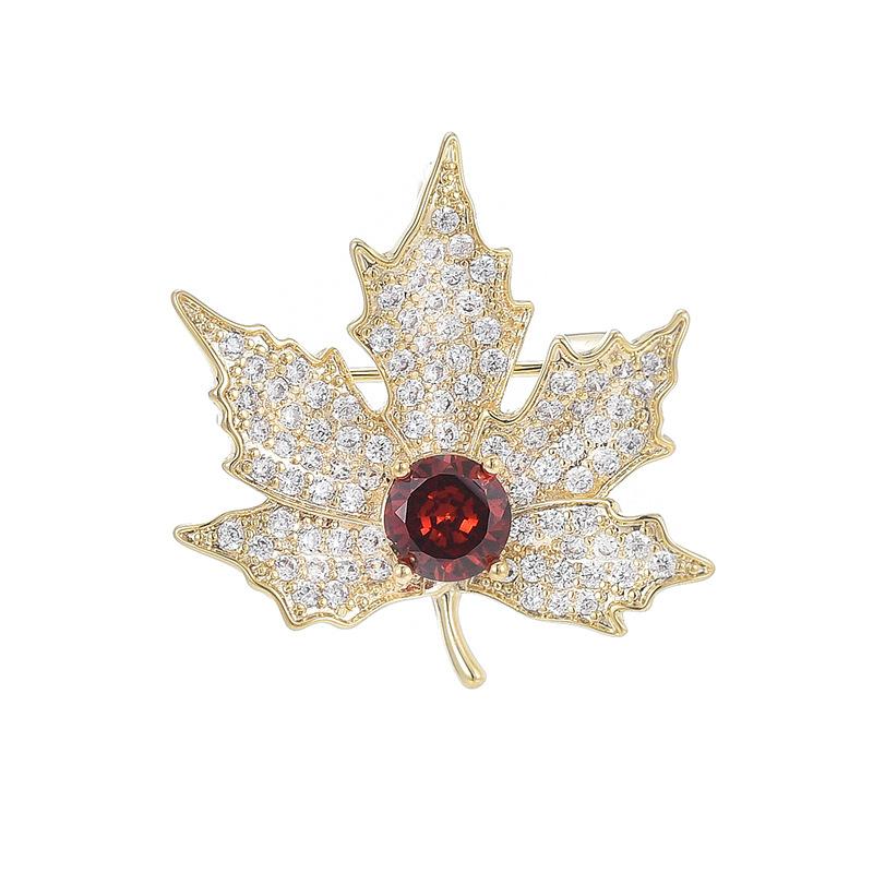 SUYU Women's Light Luxury Vintage Maple Leaf Red Zircon Brooch Elegant Fashionable Versatile Brooch Unique Design