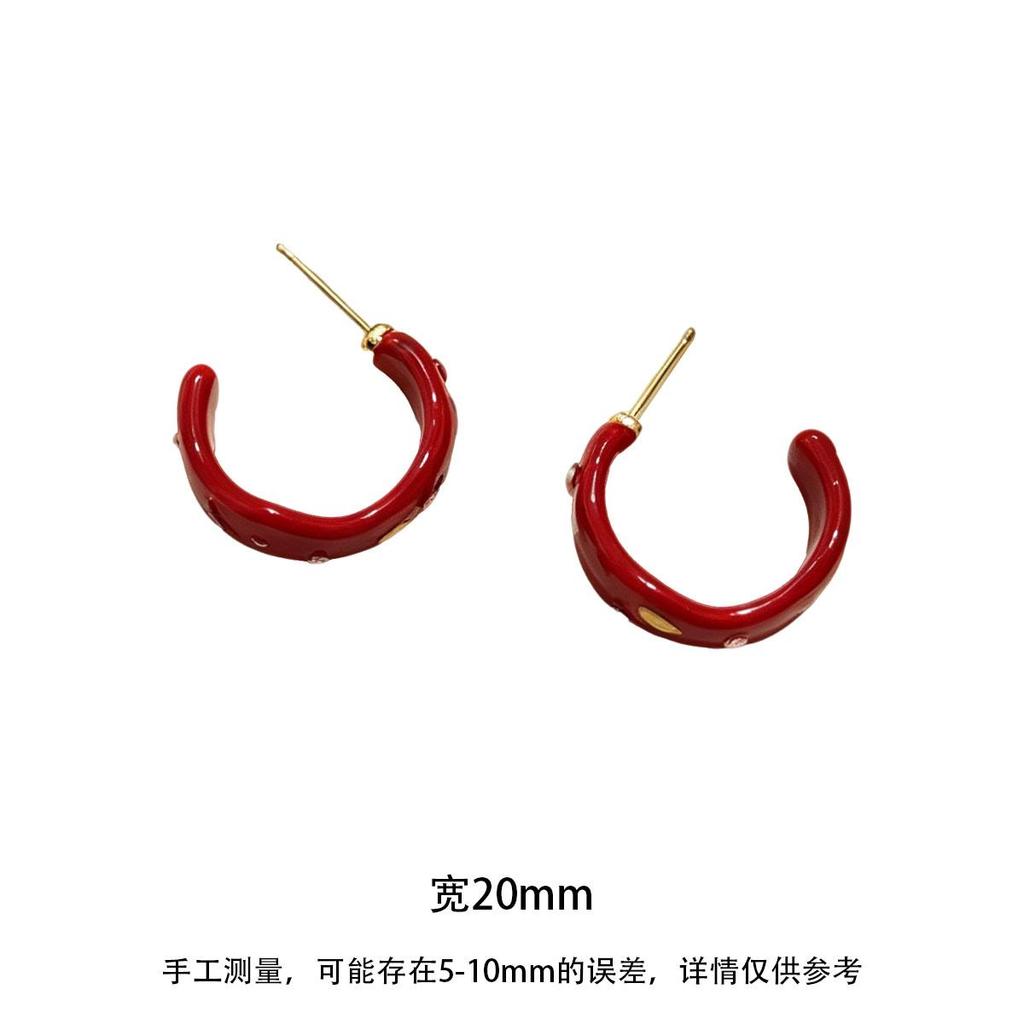Vintage Red Glaze C-Shape Design Stud Earrings for Women, Gentle Atmosphere Versatile Daily Temperament Ear Hoop, Unique Ear Accessory
