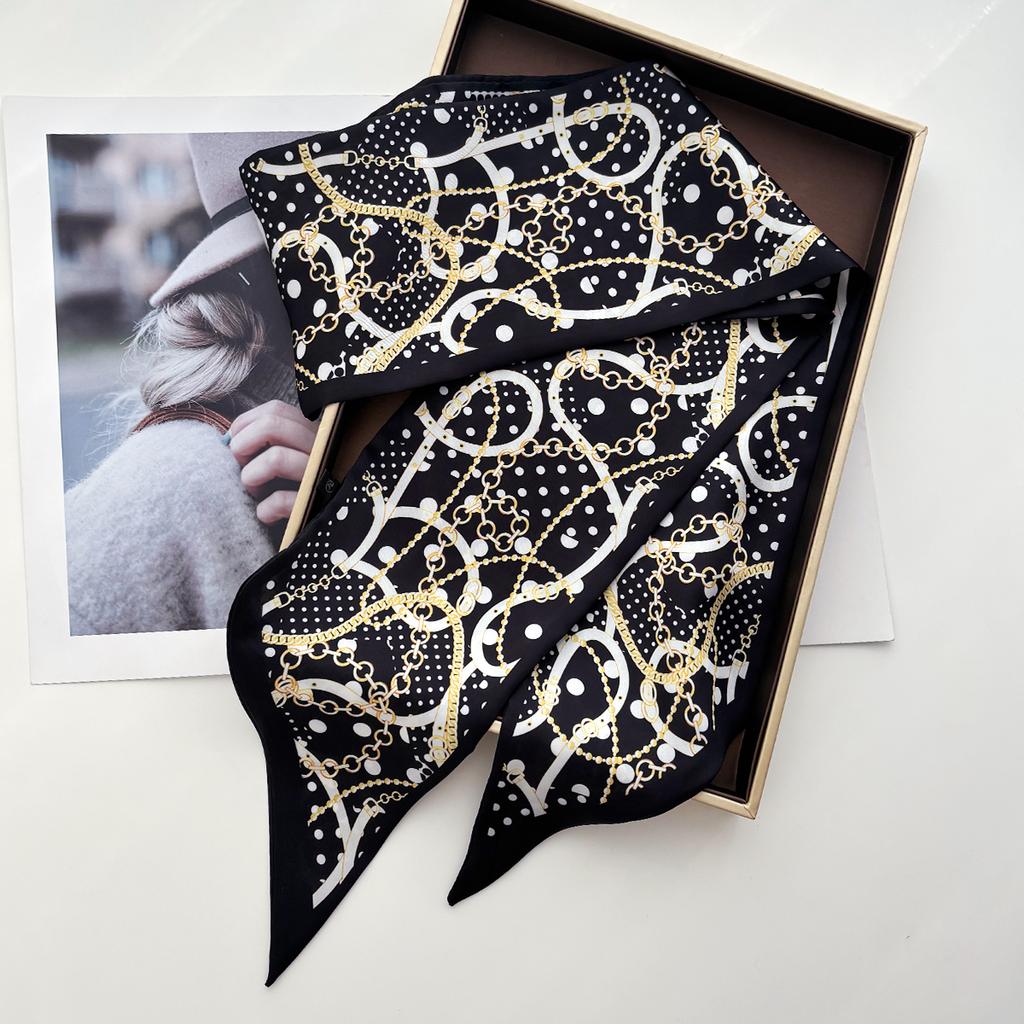 Printed Skinny Scarf For Women Luxury Hair Band Soft Stain Silk Ribbon Fashion Tie Neck Bag Design Wrist Belt For Daily Wear