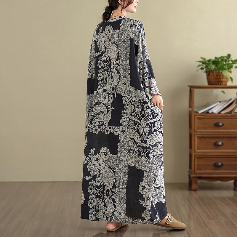 Dimanaf 2025 Women Plus Size Spring Long Dress Loose V-Neck Printing Vintage Casual Floral Oversize Long Sleeve 5027