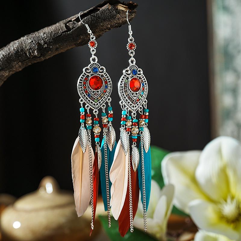Boho Feather Long Leaf Tassel Drop Earrings For Women Geometric Rhinestone Crystal Beads Handmade Chain Wedding Earrings Jewelry