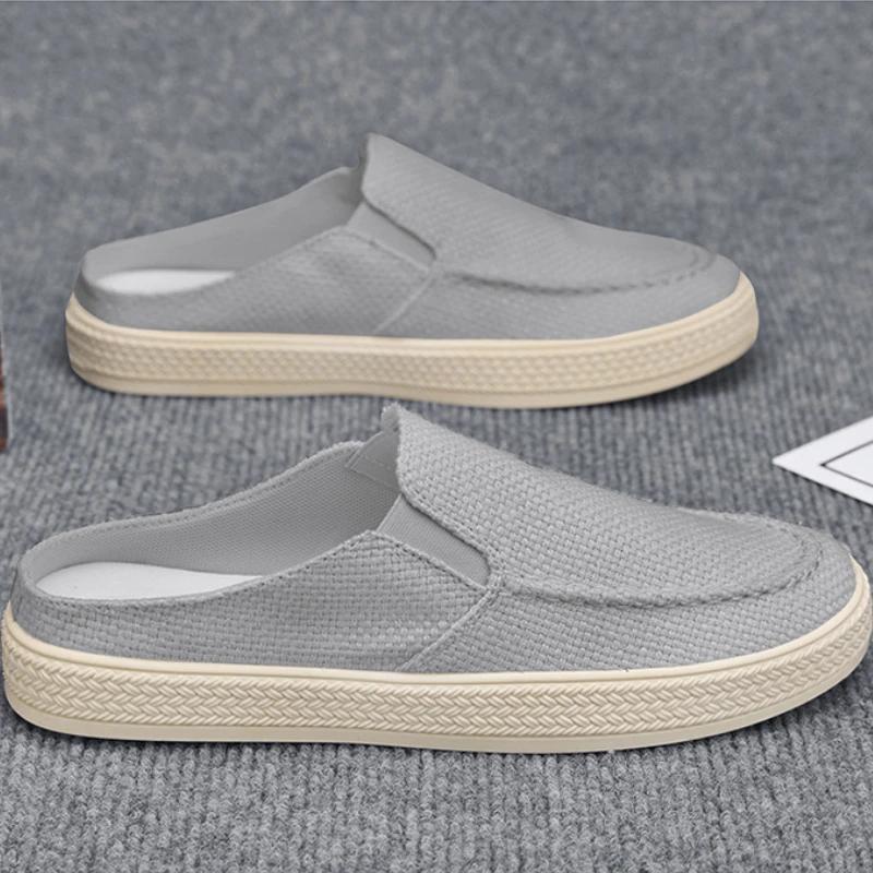 Men's Slippers Summer New Breathable Casual Shoes Outdoor Lightweight Non Slip Slippers Fashionable Canvas Half Slippers