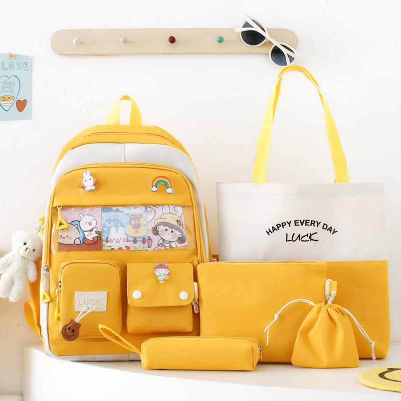 School Bag New Trend Five-piece School Bag Female Color Matching Primary and Secondary School Students Backpack High Value Dirt-resistant Backpack