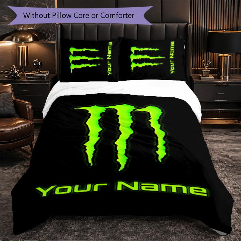 Monster Energy Customized Name Text Bedding Set, 1 Duvet Cover & 2 Pillowcases Personalized Bedroom Gift