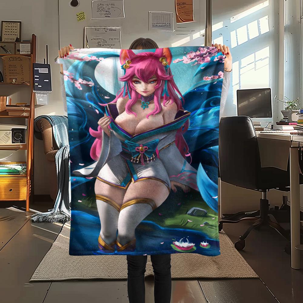 1Pc KDA Ahri Print Flannel Blanket, High Quality Comfortable for All Seasons, Home Decor, Warmth and Comfort, Perfect for Gifts
