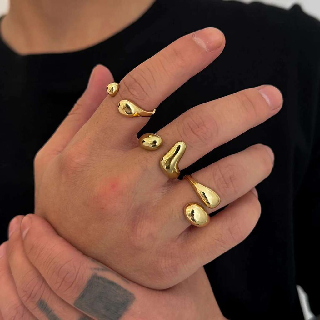 KunJoe 3Pcs/Set Smooth Surface Irregular Water Drop Open Ring for Men Simple Trendy Geometric Gold Color Adjustable Ring Jewelry