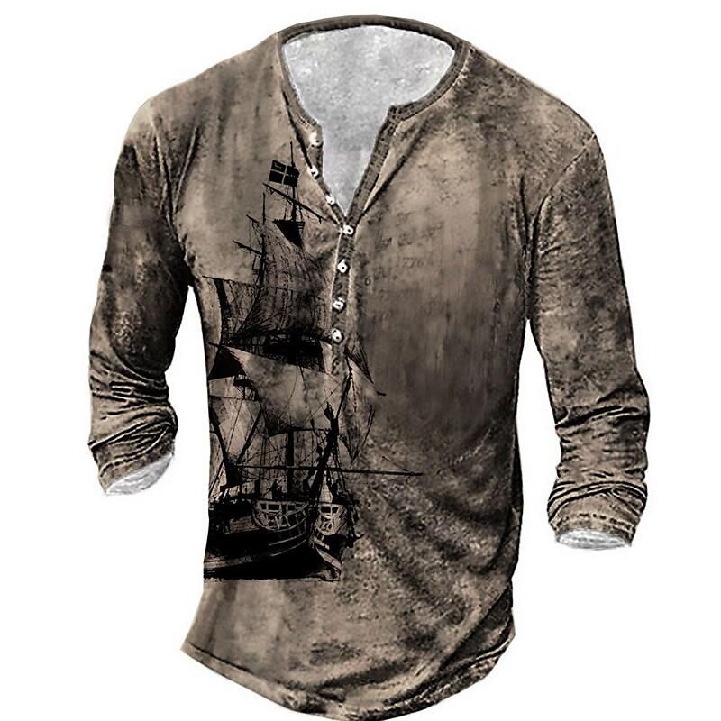 Explorer Outdoors Vintage V-hals Heren T-shirts Met Lange Mouwen 3d Print Navigatie Henley Shirt Hip Hop Trui Oversized T-shirt Mannen streetwear S