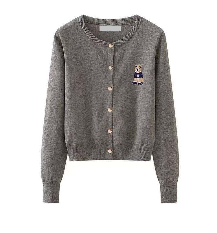 

Autumn Preppy Style Knit Cardigan Bear Embroidery Slim Fit Versatile Long Sleeve Round Neck Top Women One size серый