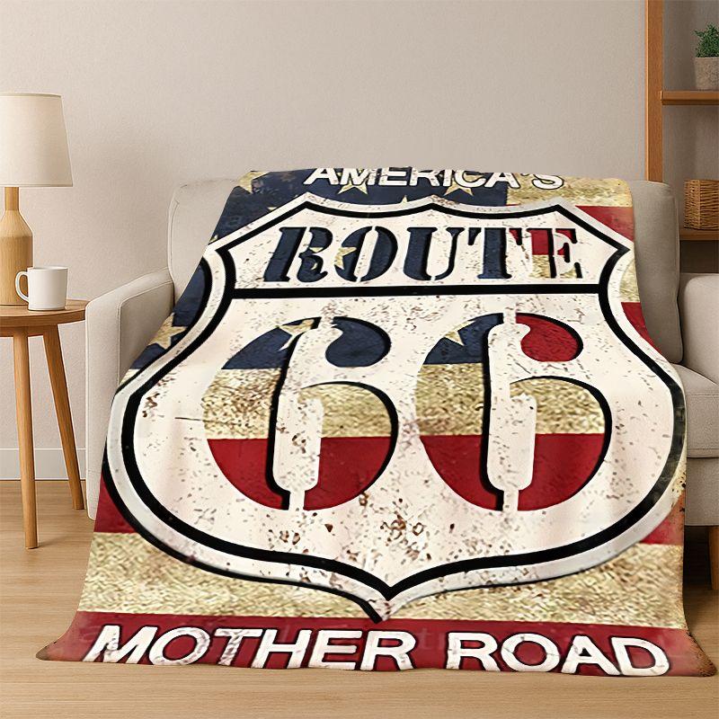 Retro Route America Mother Road Sign Flannel Blanket Soft Warm Throw Blanket for Bedroom Living Room Bed Travel Camping Picnic