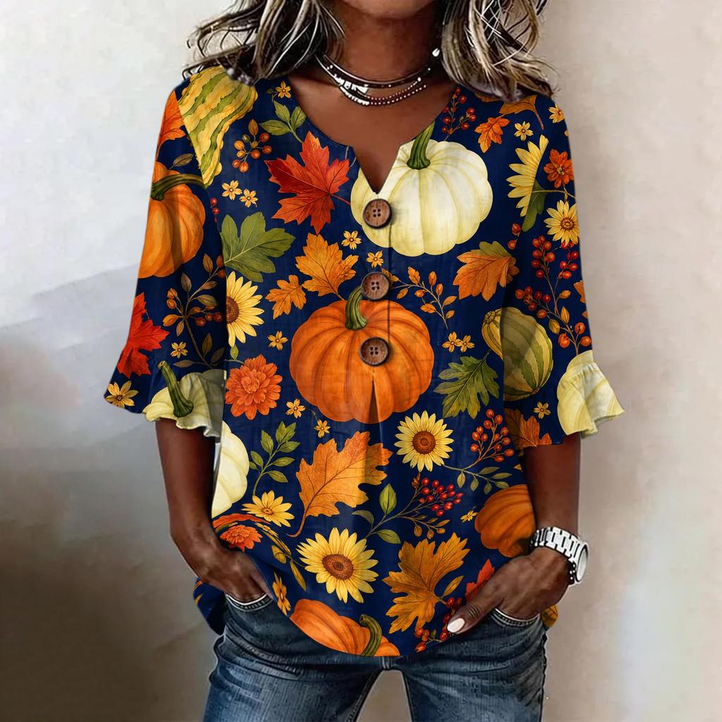 Women's Casual Halloween Print V-Neck Ruffle Sleeve Loose Fit Top