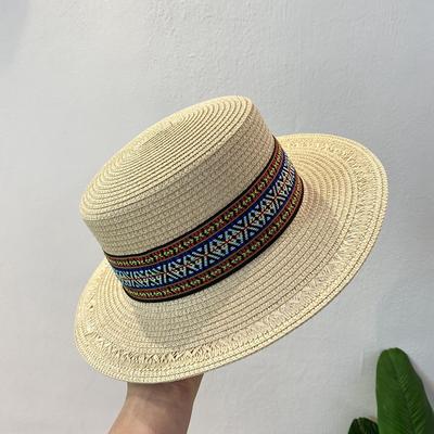Straw Hat Women's Ethnic Style Versatile Casual Fashion Summer Sun Protection Visor Travel Flat Top Hat New Grassland Beach
