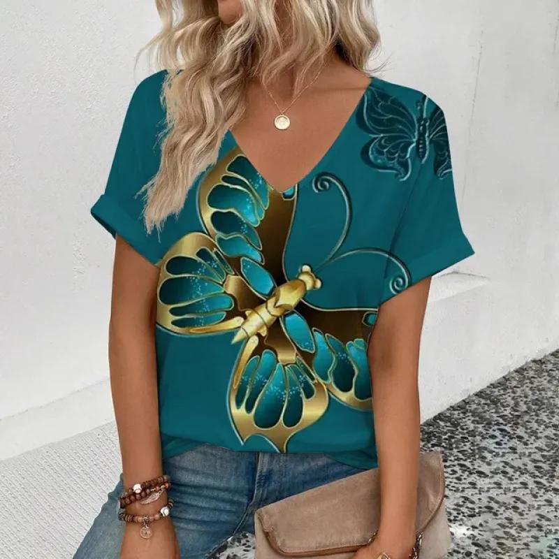 

Новая футболка с v-образным вырезом и 3d цветочным принтом, женская футболка, летние модные топы с короткими рукавами, летний топ большого размера, женская одежда XL