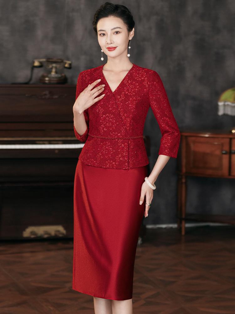 2024 Autumn Slimming Plus-Size Two-Piece Mother of the Bride Dress Set for Middle-Aged Women