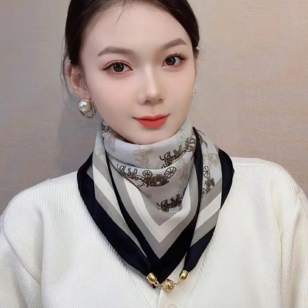 Magnetic buckle cotton and linen small square scarf silk scarf women's spring and autumn versatile neck protection scarf triangular scarf new warm sca