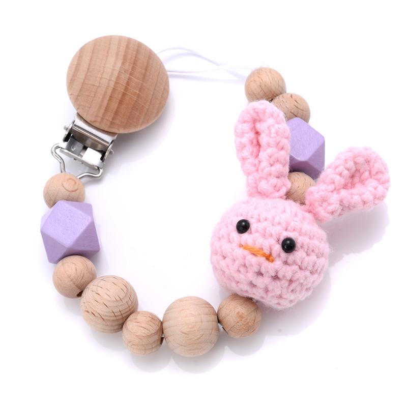 Nursing Chew Toy Baby Dummy Holder Chain BPA Free New Baby Wooden Pacifier Clip Wood Crochet Rabbit Teething Soother Chain