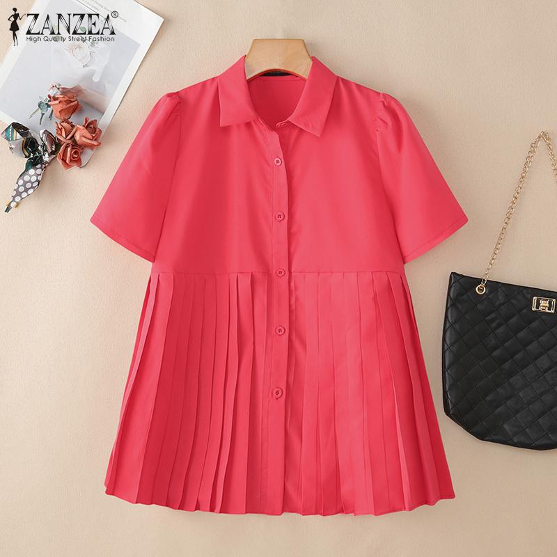 ZANZEA Women Turn Down Collar Summer Casual Short Sleeve Blouse