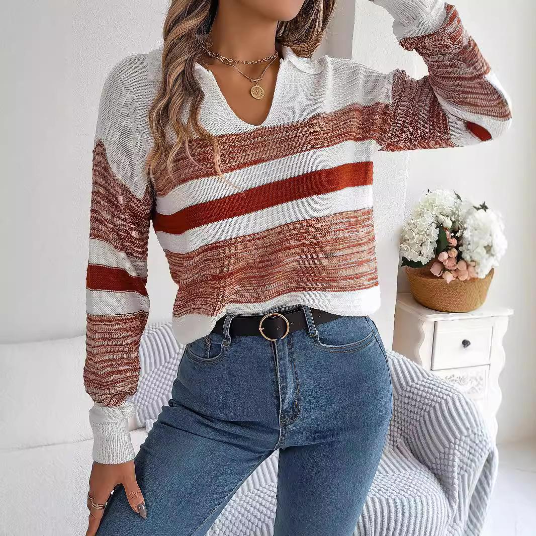 Женский джемпер с лацканами, V-образным вырезом и длинными рукавами, полосатый вязаный пуловер с цветными блоками, свитер, вязаный пуловер, топы, трикотаж M оранжевый