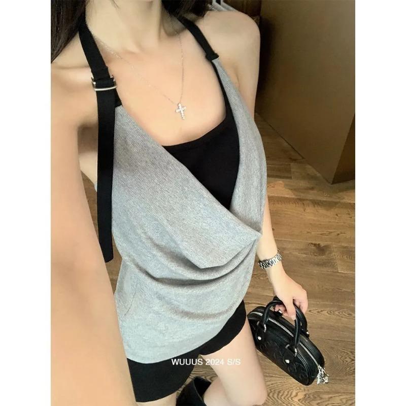 Swing Collar Fake Two Piece Adjustable Halter Top for Hot Girls Sleeveless Top